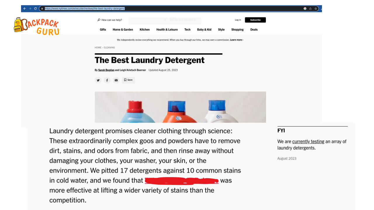 A screenshot of Wirecutter's research report on the Best detergent for Cleaning Fjallraven Backpacks- backpackgurus.com