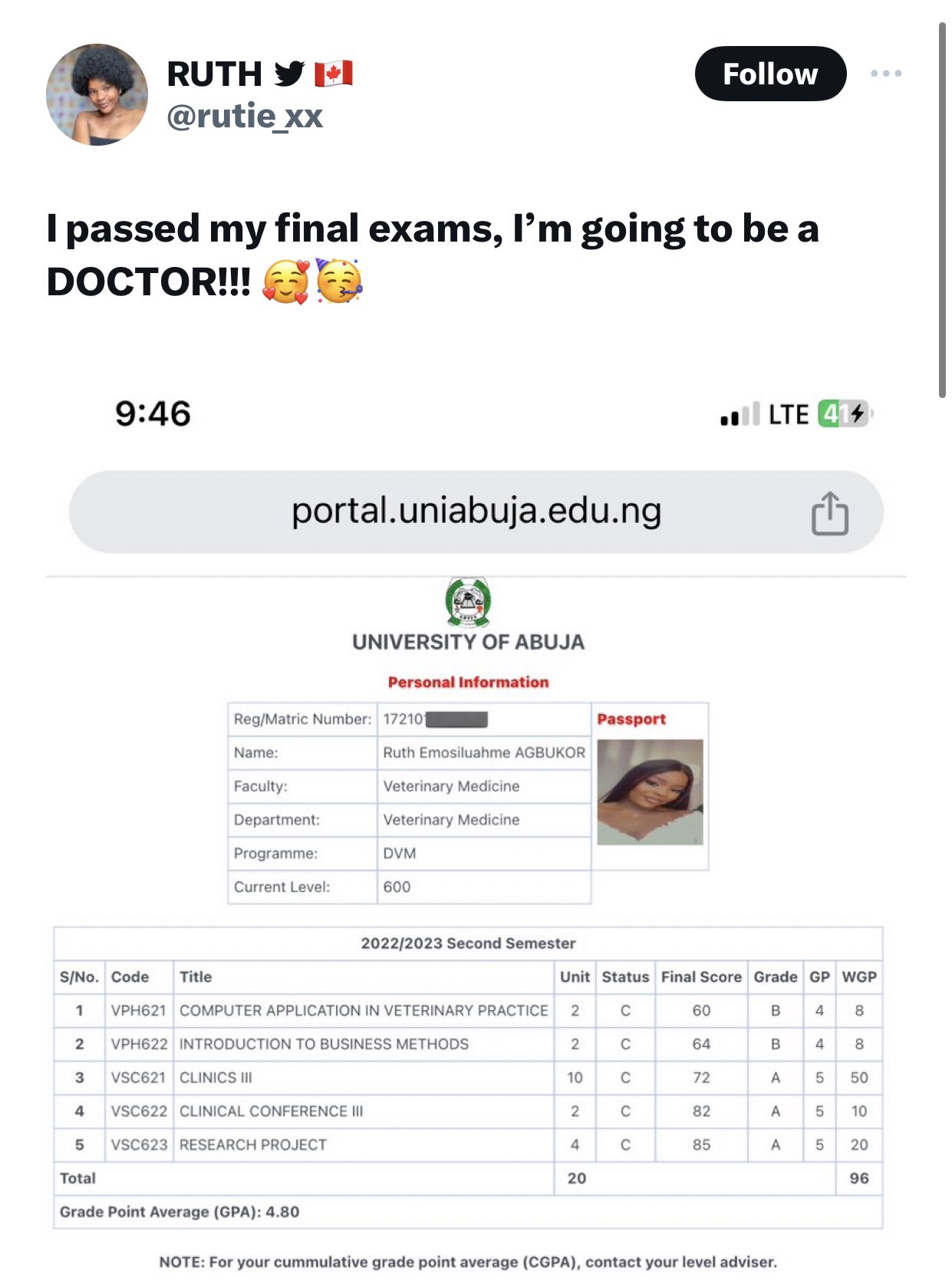 Congratulations Ruth, final exams results that is trending on Twitter Nigeria